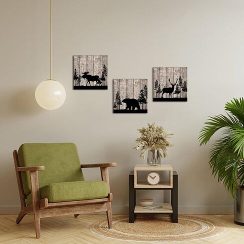 Apicoture Rustic Cabin Wall Decor Elk Bear Moose Picture Wildlife Canvas Wall Art Forest Animal Paintings Hunting Framed Decor 12"x12"x3 Pieces in Saudi Arabia