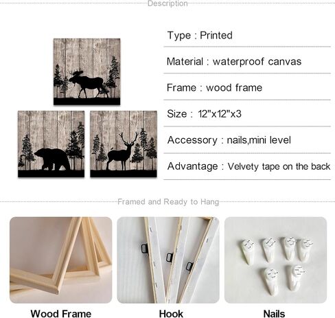 Apicoture Rustic Cabin Wall Decor Elk Bear Moose Picture Wildlife Canvas Wall Art Forest Animal Paintings Hunting Framed Decor 12"x12"x3 Pieces in Saudi Arabia