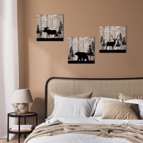 Apicoture Rustic Cabin Wall Decor Elk Bear Moose Picture Wildlife Canvas Wall Art Forest Animal Paintings Hunting Framed Decor 12"x12"x3 Pieces in Saudi Arabia