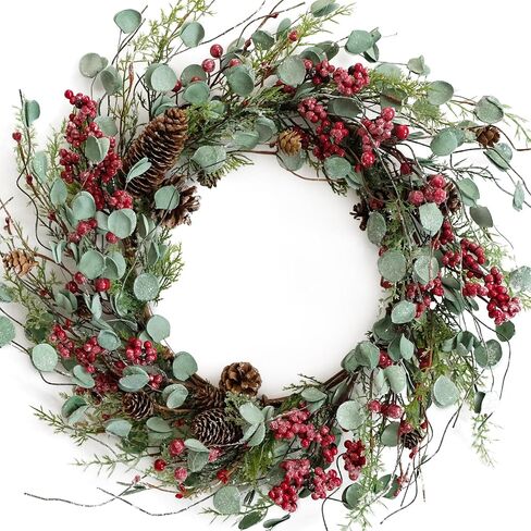 Bibelot 20 inches Red Berry with Pine Cones Wreath Christmas Wreath for Front Door Wreath Artificial Green Leaves Festival Decor Wreath Farmhouse Rustic Winter Home Wall Windows Decor (Red) … in Kuwait
