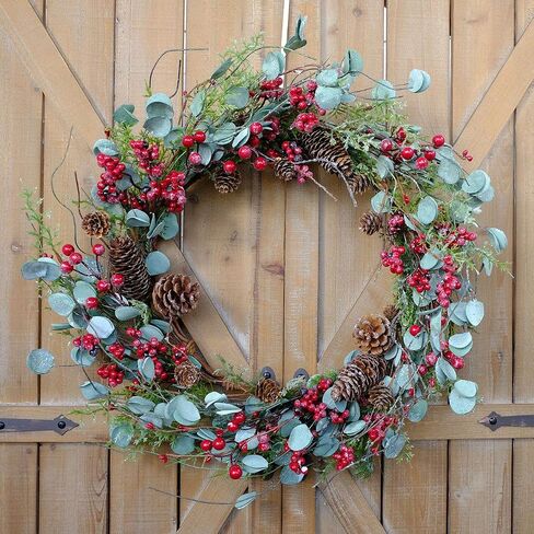 Bibelot 20 inches Red Berry with Pine Cones Wreath Christmas Wreath for Front Door Wreath Artificial Green Leaves Festival Decor Wreath Farmhouse Rustic Winter Home Wall Windows Decor (Red) … in Kuwait