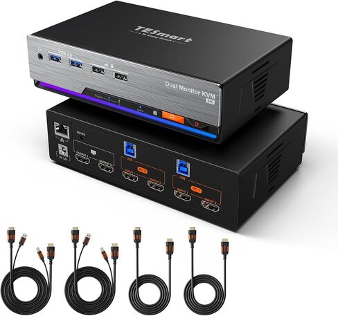 TESmart HDMI KVM Switch 3 Monitors 2 Computers 4K@60Hz, USB 3.0 KVM Switch Triple Monitor 2 ports HDMI, Support EDID, 1G Ethernet, Hotkey Switch, Audio&Microphone for Gaming & Home Office in Saudi Arabia