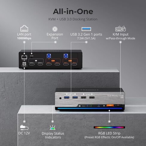TESmart HDMI KVM Switch 3 Monitors 2 Computers 4K@60Hz, USB 3.0 KVM Switch Triple Monitor 2 ports HDMI, Support EDID, 1G Ethernet, Hotkey Switch, Audio&Microphone for Gaming & Home Office in Saudi Arabia