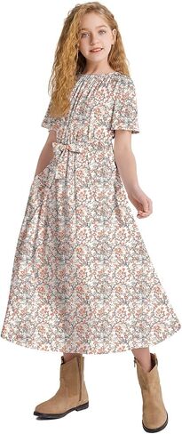 LaBeca Girls Elastic Crew Neck Butterfly Short Sleeve Midi Belted Dress with Pocket Pink 150Y in Saudi Arabia