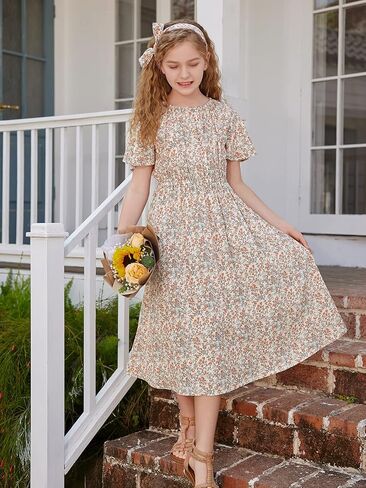 LaBeca Girls Elastic Crew Neck Butterfly Short Sleeve Midi Belted Dress with Pocket Pink 150Y in Saudi Arabia