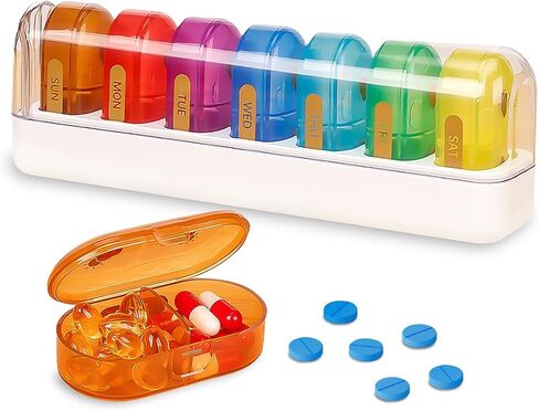منظم حبوب الدواء الأسبوعي، منظم حبوب الدواء القابل للفتح مرتين في اليوم، صندوق حبوب الدواء اليومي بسعة كبيرة 7 ألوان، علبة حبوب الدواء المحمولة للسفر لمدة 14 يومًا (قوس قزح + أبيض) in Kuwait
