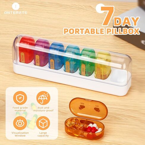 منظم حبوب الدواء الأسبوعي، منظم حبوب الدواء القابل للفتح مرتين في اليوم، صندوق حبوب الدواء اليومي بسعة كبيرة 7 ألوان، علبة حبوب الدواء المحمولة للسفر لمدة 14 يومًا (قوس قزح + أبيض) in Kuwait