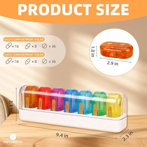 منظم حبوب الدواء الأسبوعي، منظم حبوب الدواء القابل للفتح مرتين في اليوم، صندوق حبوب الدواء اليومي بسعة كبيرة 7 ألوان، علبة حبوب الدواء المحمولة للسفر لمدة 14 يومًا (قوس قزح + أبيض) in Kuwait