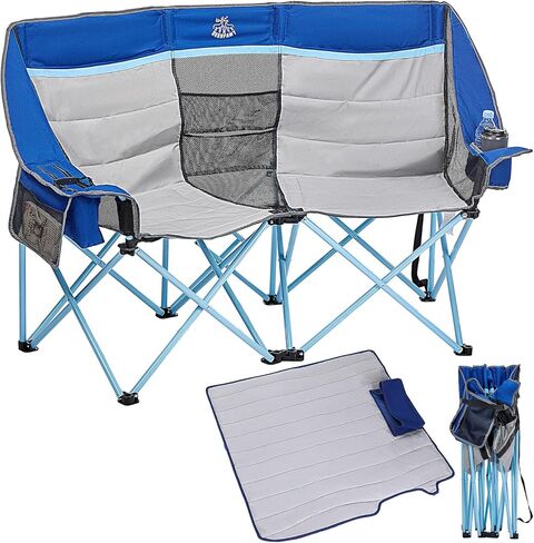 DEERFAMY Double Camping Chair for Adults, Breathable Folding Camping Chair with Cooler Bag and Insulated Cup Holders for Outdoor Travel Picnic, Portable Loveseat for 2/3 Person in Saudi Arabia