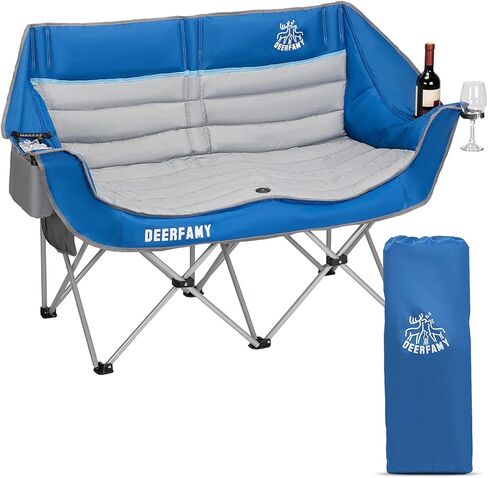 DEERFAMY Double Camping Chair for Adults, Breathable Folding Camping Chair with Cooler Bag and Insulated Cup Holders for Outdoor Travel Picnic, Portable Loveseat for 2/3 Person in Saudi Arabia