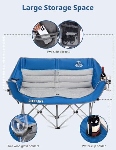 DEERFAMY Double Camping Chair for Adults, Breathable Folding Camping Chair with Cooler Bag and Insulated Cup Holders for Outdoor Travel Picnic, Portable Loveseat for 2/3 Person in Saudi Arabia