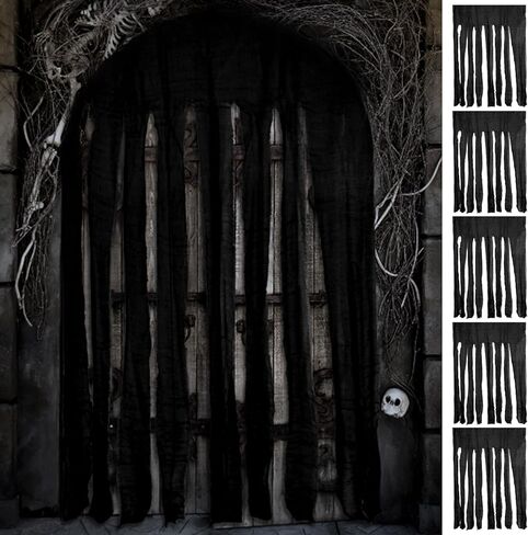 5Pack Halloween Door Curtain Decoration, 65x40 Inch Black Creepy Gauze for Doorway Curtain Decorations, Scary Spooky Cloth for Halloween Party Haunted House Entrance Decor in Saudi Arabia