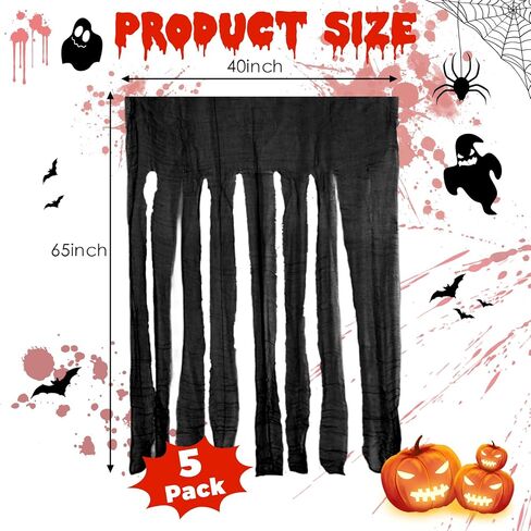 5Pack Halloween Door Curtain Decoration, 65x40 Inch Black Creepy Gauze for Doorway Curtain Decorations, Scary Spooky Cloth for Halloween Party Haunted House Entrance Decor in Saudi Arabia