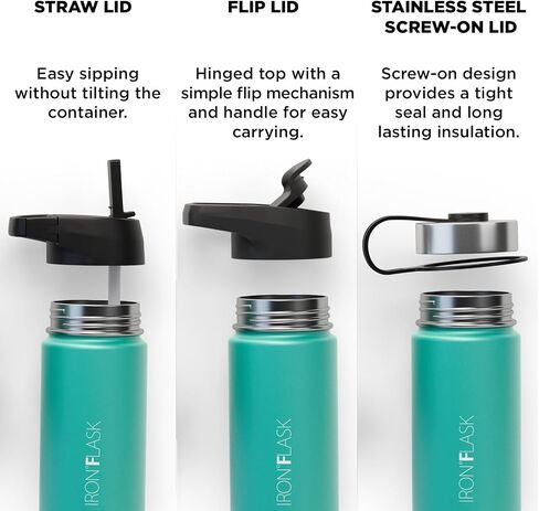 زجاجة مياه رياضية من IRON °FLASK - فم واسع مع 3 أغطية للصنبور - زجاجات رياضية وخارجية من الفولاذ المقاوم للصدأ للرجال والنساء والأطفال - ترمس معزول بجدار مزدوج، مقصف معدني - زبرجد، 18 أونصة in Saudi Arabia