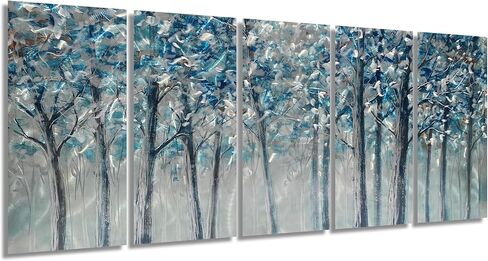 لوحة فنية جدارية معدنية لشجرة من GALLERIEWALLA لوحة ألومنيوم زرقاء وفضية مصقولة يدويًا منحوتة غابة تجريدية لتزيين غرفة المعيشة in Kuwait