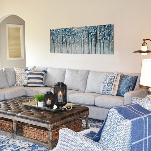 لوحة فنية جدارية معدنية لشجرة من GALLERIEWALLA لوحة ألومنيوم زرقاء وفضية مصقولة يدويًا منحوتة غابة تجريدية لتزيين غرفة المعيشة in Kuwait