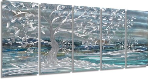 GALLERIEWALLA Tree Metal Wall Art Blue and Silver Aluminium Painting Hand-polished Abstract Forest Sculpture for Living Room Decor in Saudi Arabia
