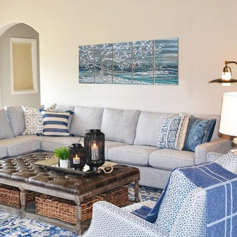 GALLERIEWALLA Tree Metal Wall Art Blue and Silver Aluminium Painting Hand-polished Abstract Forest Sculpture for Living Room Decor in Saudi Arabia