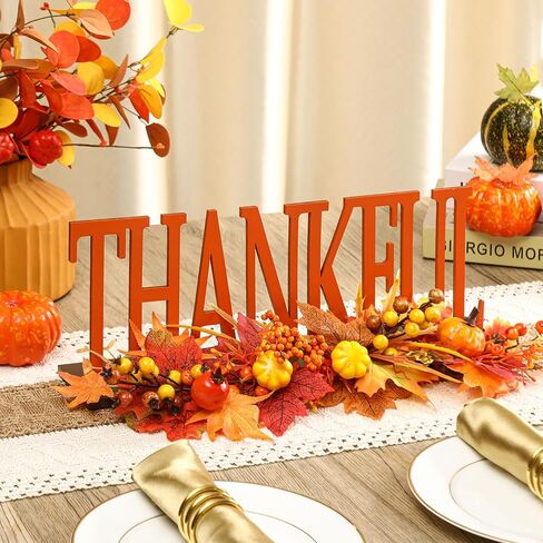 Thanksgiving Wooden Table Signs and Fall Garland Decor Wood Thankful Artificial Maple Leaves Pumpkin Berry Fall Thanksgiving Table Signs Table Thanksgiving Decor for Autumn Table Centerpiece in Saudi Arabia
