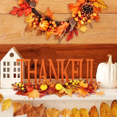 Thanksgiving Wooden Table Signs and Fall Garland Decor Wood Thankful Artificial Maple Leaves Pumpkin Berry Fall Thanksgiving Table Signs Table Thanksgiving Decor for Autumn Table Centerpiece in Saudi Arabia