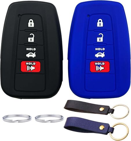 2pcs 4 Buttons Silicone Key Fob Cover for Toyota 2020-2024 Camry RAV4 Highlander Avalon C-HR Prius Corolla GT86 (Black + Blue) in Saudi Arabia