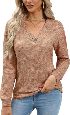 For G and PL Womens Fall V Neck Long Sleeve Pullovers Button Waffle Knit Casual Sweatshirt in Saudi Arabia