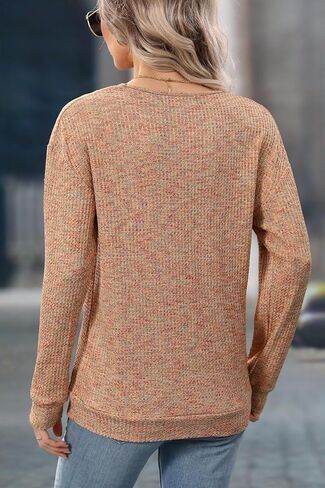 For G and PL Womens Fall V Neck Long Sleeve Pullovers Button Waffle Knit Casual Sweatshirt in Saudi Arabia