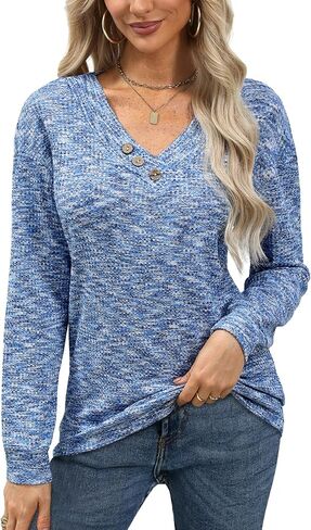 For G and PL Womens Fall V Neck Long Sleeve Pullovers Button Waffle Knit Casual Sweatshirt in Saudi Arabia