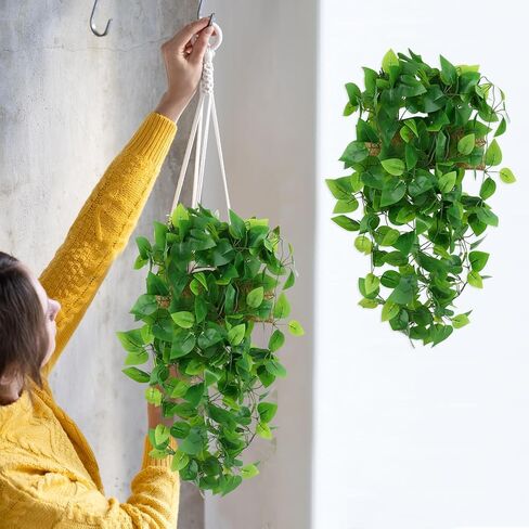 2Pcs Artificial Hanging Plants Plastic Macrame Rattan Fake Ivy Vine Faux Pothos Hanging Plant Wall Decor for Bedroom Living Room Garden Porch Wedding Garland Indoor Outdoor Leaves Decor, No Basket in Saudi Arabia