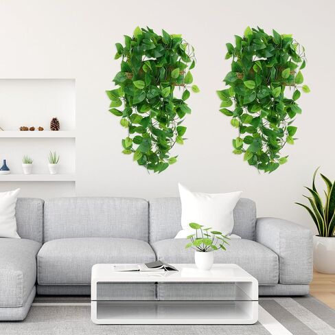 2Pcs Artificial Hanging Plants Plastic Macrame Rattan Fake Ivy Vine Faux Pothos Hanging Plant Wall Decor for Bedroom Living Room Garden Porch Wedding Garland Indoor Outdoor Leaves Decor, No Basket in Saudi Arabia