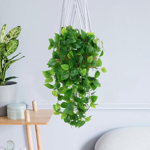 2Pcs Artificial Hanging Plants Plastic Macrame Rattan Fake Ivy Vine Faux Pothos Hanging Plant Wall Decor for Bedroom Living Room Garden Porch Wedding Garland Indoor Outdoor Leaves Decor, No Basket in Saudi Arabia