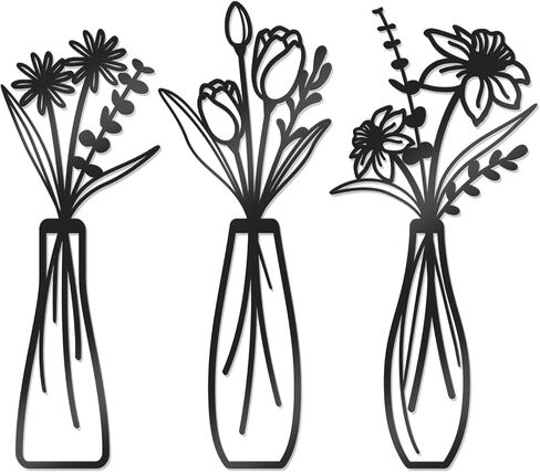 3 Pcs Large Black Metal Flowers and Vases Wall Decor Farmhouse Metal Flowers Wall Art Minimalist Art Flower Arrangement for Living Room Bedroom or Kitchen (Black, Floral A) in Kuwait