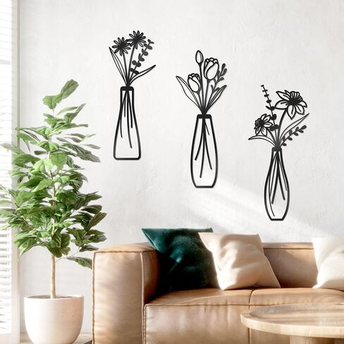 3 Pcs Large Black Metal Flowers and Vases Wall Decor Farmhouse Metal Flowers Wall Art Minimalist Art Flower Arrangement for Living Room Bedroom or Kitchen (Black, Floral A) in Kuwait