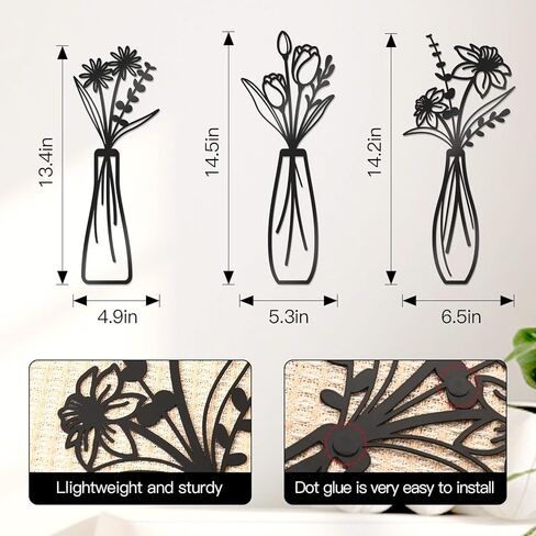 3 Pcs Large Black Metal Flowers and Vases Wall Decor Farmhouse Metal Flowers Wall Art Minimalist Art Flower Arrangement for Living Room Bedroom or Kitchen (Black, Floral A) in Kuwait