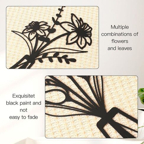 3 Pcs Large Black Metal Flowers and Vases Wall Decor Farmhouse Metal Flowers Wall Art Minimalist Art Flower Arrangement for Living Room Bedroom or Kitchen (Black, Floral A) in Kuwait