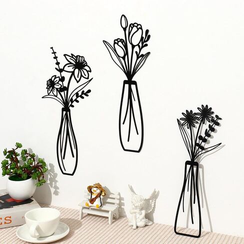 3 Pcs Large Black Metal Flowers and Vases Wall Decor Farmhouse Metal Flowers Wall Art Minimalist Art Flower Arrangement for Living Room Bedroom or Kitchen (Black, Floral A) in Kuwait