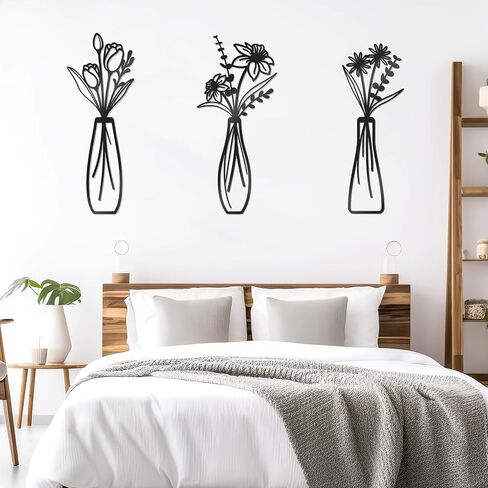 3 Pcs Large Black Metal Flowers and Vases Wall Decor Farmhouse Metal Flowers Wall Art Minimalist Art Flower Arrangement for Living Room Bedroom or Kitchen (Black, Floral A) in Kuwait