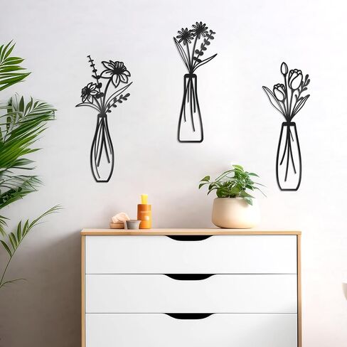 3 Pcs Large Black Metal Flowers and Vases Wall Decor Farmhouse Metal Flowers Wall Art Minimalist Art Flower Arrangement for Living Room Bedroom or Kitchen (Black, Floral A) in Kuwait