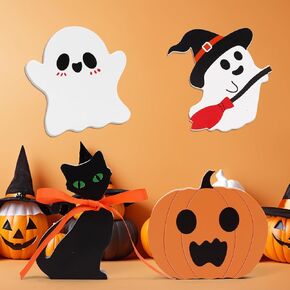Cute Halloween Decorations Indoor, Himmel 4PCS Ghost Wooden Signs Pumpkin Cat Blocks for Tiered Tray Decor, Halloween Decor for Office Home Party Shelf Display Apartment