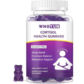 Cortisol Gummies Sugar Free, Cortisol Supplement with Ashwagandha Magnesium L-Theanine Rhodiola, Hormone Balance, Stress Relief, 60 Chewables