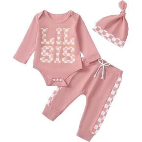 Newborn Baby Girl Outfits Little Sister Coming Home Outfit Lil Sis Romper Tops Pants Headband 3Pcs Summer Clothes