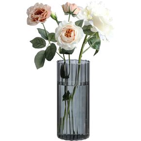 ComSaf Glass Cylinder Vases, Bud Vase for Centerpieces, 8 Inch Tall Ribbed Vase Hurricane Floating Candle Holder, Decorative Flower Vases for Wedding Reception, Home Decor, Housewarming Gift (Amber)