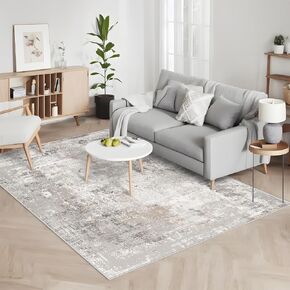 Washable 9x12 Area Rugs - Neutral Large Rugs for Living Room Abstract Soft Faux Wool Carpet for Bedroom Non Slip Backing Stain Resistant Dining Room Rug (Beige/Grey