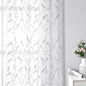 Grey Embroidered Leaf Sheer Curtains for Bedroom Living Room 63 Inch Length 2 Panels, Faux Linen Leaves Patterned Semi Sheer Floral Short Curtains Gray and White Printed Window Sheers