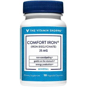 The Vitamin Shoppe Comfort Iron 25MG, Clinically Studied Iron Bisglycinate, Energy Production & Immune Support, Gentle & Non-Constipating Supplement (90 Veggie Capsules)
