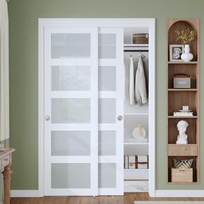 Preassembled Sliding Closet Door Slab, 60 x 80 in (Double 31 inch), 5-Lite Frosted Glass, Bypass barn Door with Hardware Kit Included, MDF Wood Panel, Water-Proof PVC Surface, White