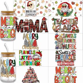 10 Sheets UV DTF Wrap Transfer for Cups, Merry Christmas Wrap Transfer Decal for 16 oz Glass Cup, Christmas Santa Clause Decal for 16 Oz Water Bottles, Set of 10 Sheets Waterproof Cup Print (B)
