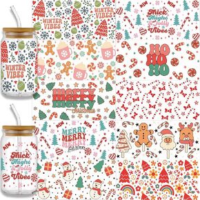 10 Sheets UV DTF Wrap Transfer for Cups, Merry Christmas Wrap Transfer Decal for 16 oz Glass Cup, Christmas Santa Clause Decal for 16 Oz Water Bottles, Set of 10 Sheets Waterproof Cup Print (B)