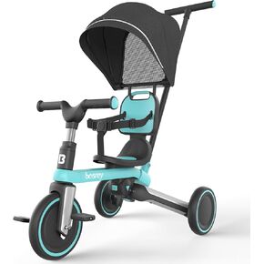 besrey Toddler Tricycle with Parent Steering Push Handle for 1-3 Years Old Girls and Boys, Toddler Bike with Removable Pedals and Canopy, Foldable Kids Push Trike, Height Adjustable Seat