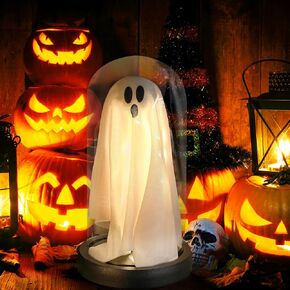 Light Up Ghost in Glass Cloche, Halloween Ghost Decor, Cute Ghost Cloche with Light, for Home Kitchen Mantel Tabletop Party and Holiday Decorations（White） in Saudi Arabia